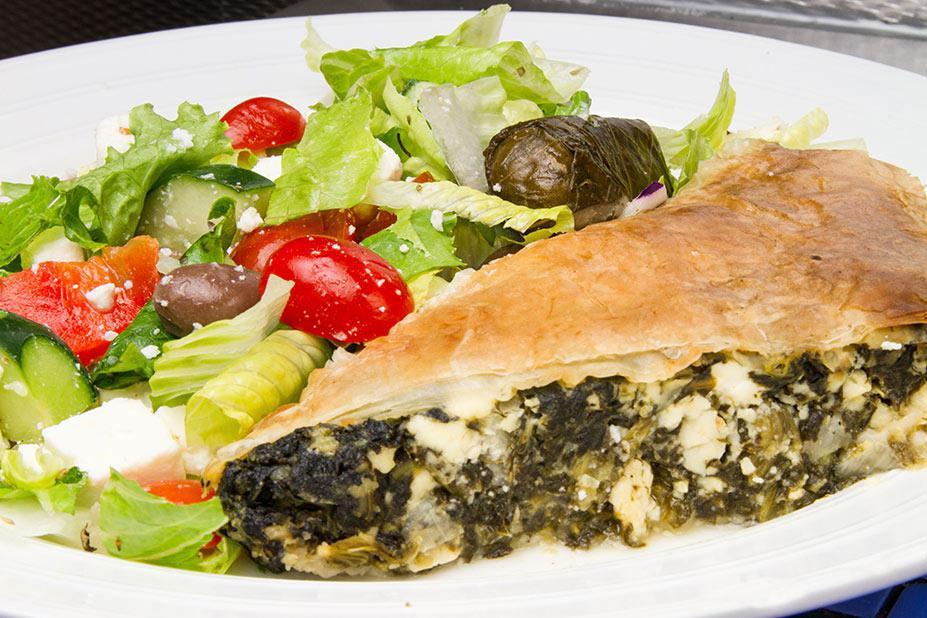Homemade Spinach Pie · Greek salad.
