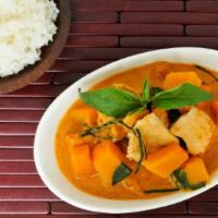Pumpkin Curry · Your choice of meat, sweet basil, pumpkin and bell pepper in coconut milk with Thai red curr...