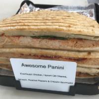 91. Awesome Panini · Ever roast chicken, Havarti dill cheese, spinach, roasted peppers and chipotle gourmaise. Se...