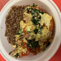 Breakfast Hash · Eggs scrambled with onions, peppers, and your choice of meat over potatoes or tater tots, to...