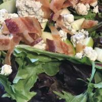 Walnut St. Salad · Spring mix with bleu cheese crumble, apples, bacon and honey balsamic dressing.