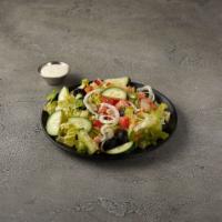 Small Side Greek Salad  · lettuce tomatoes red onions feta cheese olives balsamic dressing 