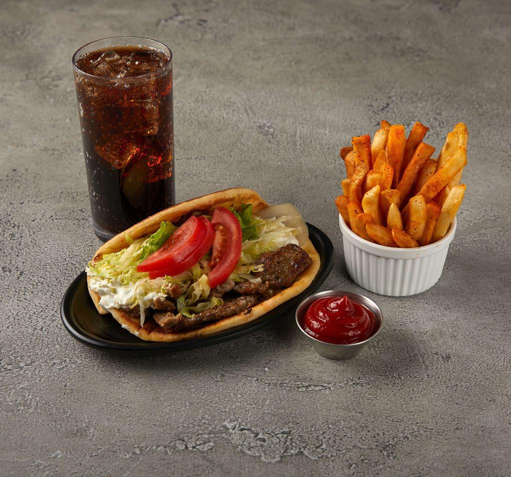 4. Gyro Combo · With fries and soda. On a pita bread, lettuce, tomato, onions and sauce.