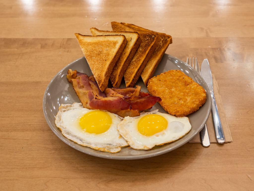 Central Market Egg Platter · 2 eggs (any style) & a hash brown, with either country sausage, applewood smoked bacon, or ham, served with toast.