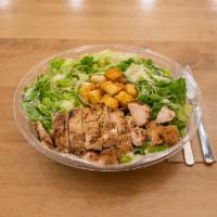 Caesar Salad with Chicken · Hearts of romaine, sliced marinated grilled chicken breast, croutons, imported dry grated Pa...