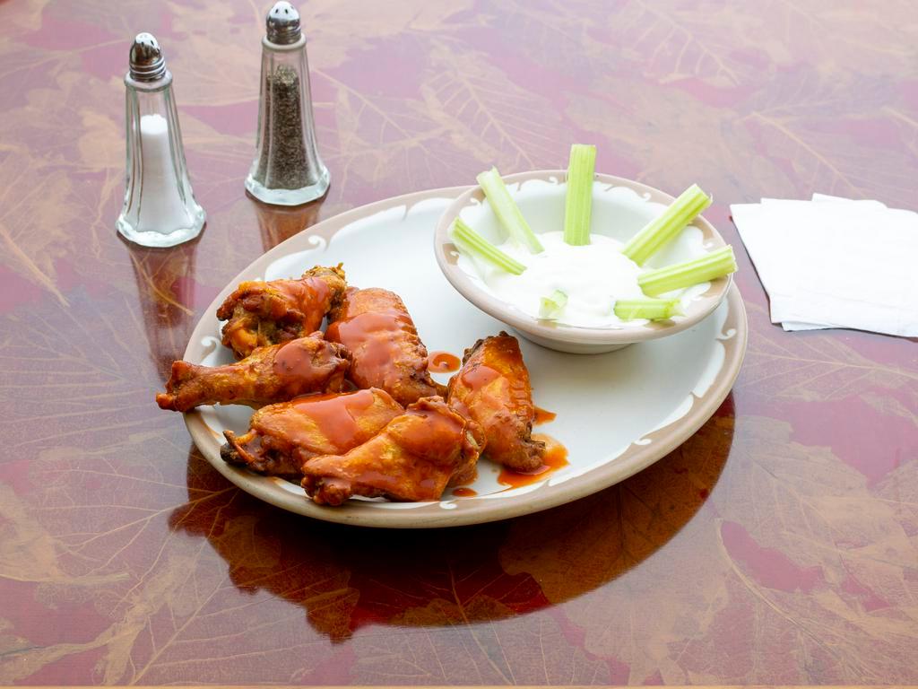 Chicken Wings · Served with blue cheese and celery and choice of Buffalo, BBQ, Sweet Teriyaki and Garlic Parm sauces
