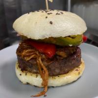 Impossible BBQ Burger · impossible burger, caramelized onion, bbq mushrooms, pepper jack, house pickle, spicy mayo, ...