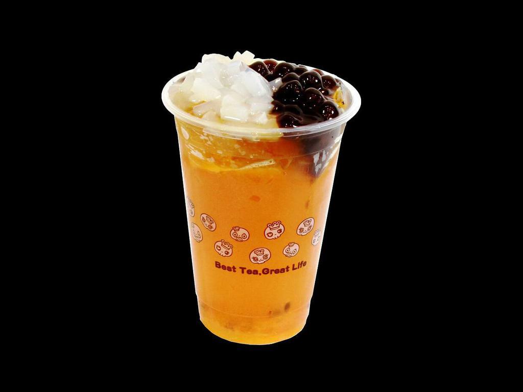 Passion Fruit QQ Tea · Comes with 2 toppings: lychee jelly and tapioca.