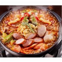 Army Stew (boodae chigae) · kimchi stew with pork, tofu, ramen noodles, rice cake, and spam ham, fish cake 