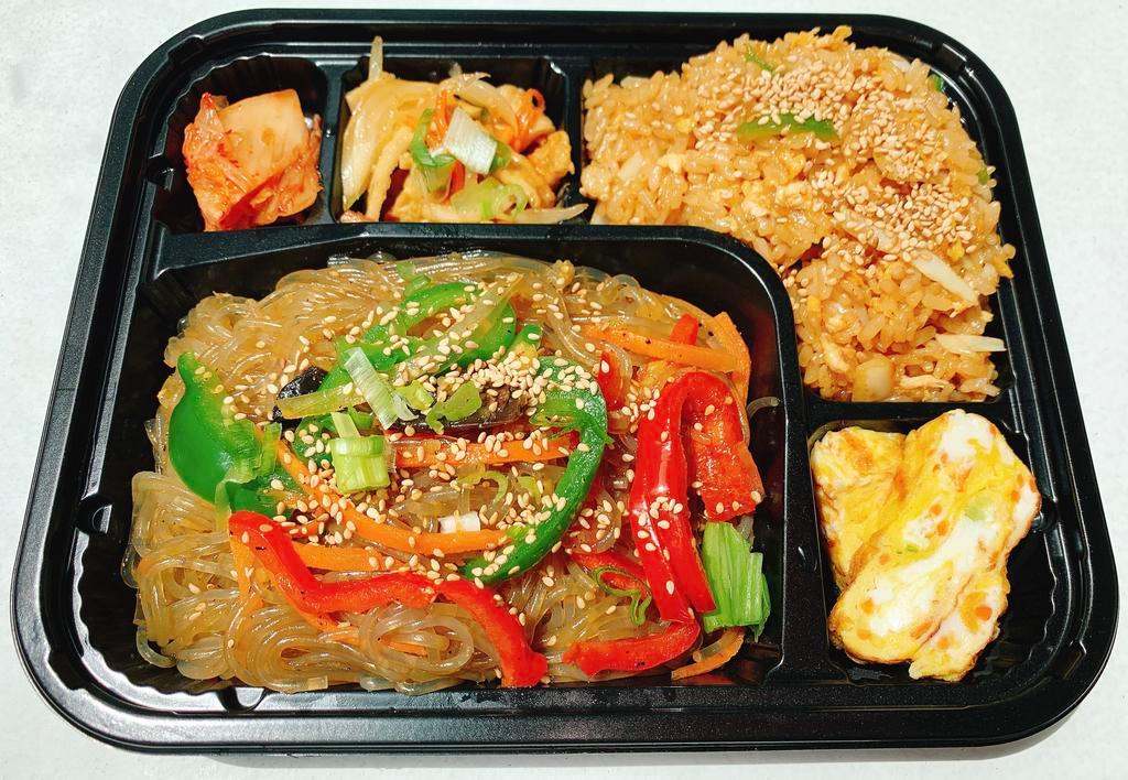 Japchae Lunch Box · Vegetarian Japchae noodles (glass noodles are made from sweet potatoes) with white rice. Option to add vegetable teriyaki fried rice. 
