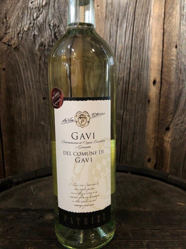 Gavi di Gavi Patrizi · Must be 21 to purchase. Italy. 750 ml. white wine, 12.5% ABV. Straw yellow color, delicate and distinctive floral perfume, fresh and fruity on the palate with hints of honey and nuts, crisp dry finish with zesty acidity. 