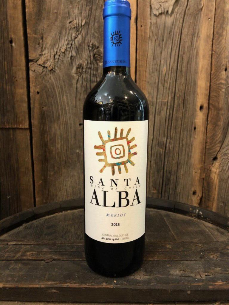 Merlot Santa Alba · Must be 21 to purchase. Chile. 750 ml. red wine, 13% ABV. Deep red color with bright pink highlights. Intense nose of blueberry and cassis with a touch of mint. Pleasant and lively on the palate, medium bodied, with soft tannins on the finish. This wine can be a great companion for Pastas. 