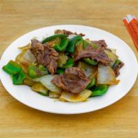 76. Pepper Steak with Onion · Stir fried steak with vegetables and a savory sauce.