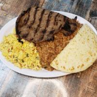 #5. Huevos Pericos, calentado  con carne o pechuga a la parrilla · Scrambled eggs w/ re-fried beans, grilled steak or grilled chicken breast and corn cake