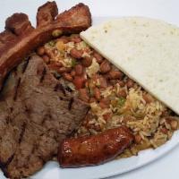 #8. Calentado Mixto · Re-fried beans with  grilled steak or grilled chicken, sausage and pork skin.