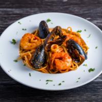 Seafood Pasta · Mix of Shrimps, Mussels and Calamari all tossed together with pasta in a homemade Marinara s...