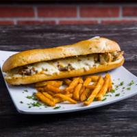 Philly Cheese Steak Sandwich · Thinly sliced beef with peppers, onions and baked with mozzarella cheese.