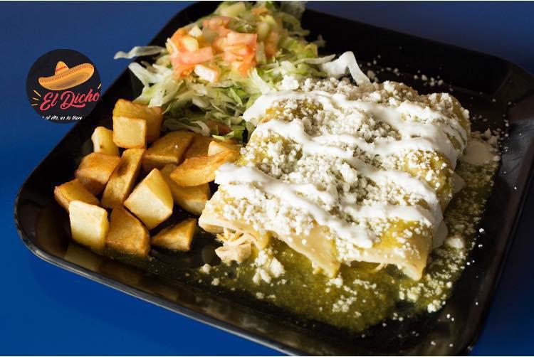 Enchiladas Calvillo · Red or green sauce, chicken or cheese. Served with your choice, rice and beans, or potatoes and salad. 3 enchiladas.