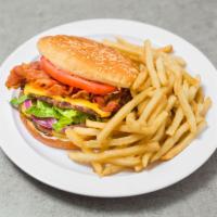 Bacon Cheese Burger Combo · American cheese, lettuce, tomato, onion, ketchup and mayonnaise. Served with fries and a dri...