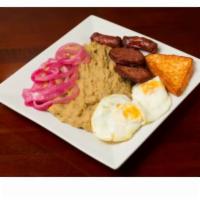 The 3 Hits Breakfast Special · Mashed green plantains with eggs, cheese and salami.
