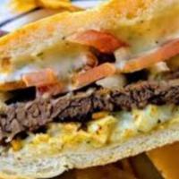 Bistec Sandwich · Steak. Ala plancha con sal and peppers perfect cooked on the customers taste put it into cru...