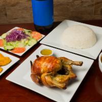 Combo 1 · Stew or baked chicken large rice beans, salad, fried green plantains and 1 liter soda.