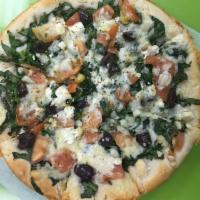 Greek Pizza · Spinach, feta cheese, shredded cheese and famous Singas pizza sauce.