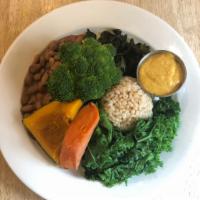 Macro Plate · Brown rice, steamed kale, broccoli, kabocha squash, carrot, wakame and bean of the day with ...