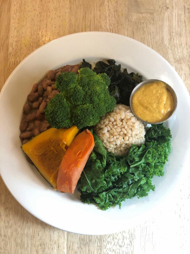 Macro Plate · Brown rice, steamed kale, broccoli, kabocha squash, carrot, wakame and bean of the day with choice of dressing. Soy free. Nut free. Gluten free. Served with brown rice.