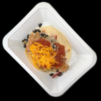 Chicken Taco · Corn tortilla with carnita chicken, dirty rice, peppers, black beans, salsa, and cheddar.