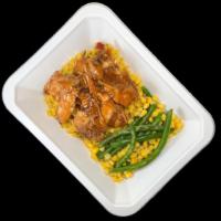 Jerk Chicken · Jerk seasoned chicken thigh over saffron rice with flame-roasted corn and green beans
