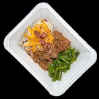 Loaded Potato · Baked potato loaded with shredded beef, cheddar cheese and bacon with a side of green beans
