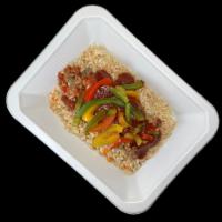Stuffed Pepper (Plant-Based) · Meatless Italian sausage crumbles and red bell pepper strips with a zesty tomato sauce over ...