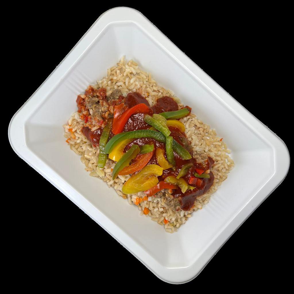 Stuffed Pepper (Plant-Based) · Meatless Italian sausage crumbles and red bell pepper strips with a zesty tomato sauce over brown rice
