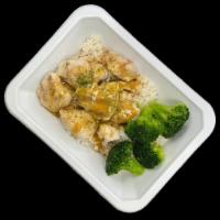 Honey Teriyaki Chicken · Grilled boneless chicken tossed in honey teriyaki sauce with mirepoix jasmine rice and brocc...
