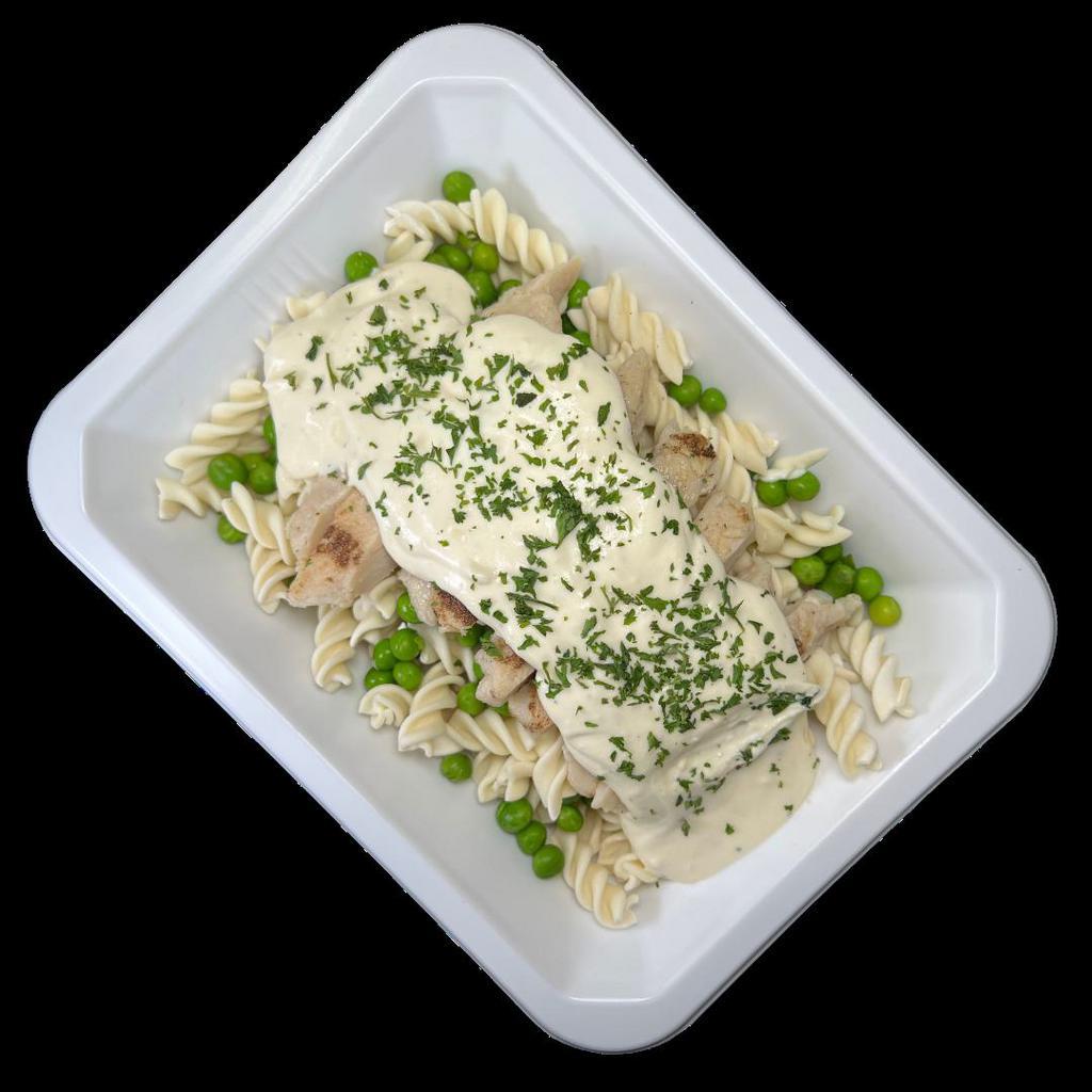Chicken Alfredo · Gluten free pasta and peas topped with grilled chicken, broccoli, and delicious alfredo sauce.