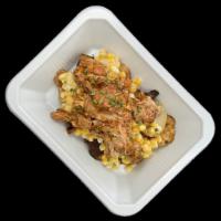 Chicken & Street Corn · Smokey BBQ chicken thigh, garlic roasted potatoes, and corn tossed in a creamy cheese sauce.