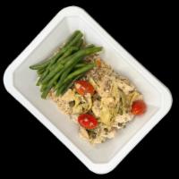Chicken Piccata · Chicken with a tomato, artichoke, mushroom & caper sauce with brown rice and green beans.