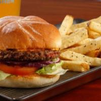 Impossible Burger · 100% plant based patty, lettuce, tomato, onion, pickle chips on sourdough bun.