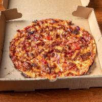 BBQ Chicken Pizza  · BBQ sauce, cheese, chicken cutlet, bacon, cherry tomato, red onion.