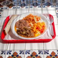 Picadillo Combo Plate · Hamburger meat and potatoes, rice, beans, salad and 2 tortillas.