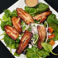 Spinach Salad · Fresh baby spinach greens, red onions, crumbled goat cheese, roasted red & gold beets, with ...