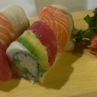 Rainbow Roll · California roll, tuna, and salmon white fish on top.
