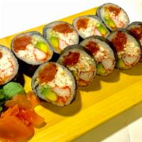 Clara's Special Roll · Spicy tuna, crab meat, mayonnaise, massago, avocado, and cucumber with spicy mayonnaise.