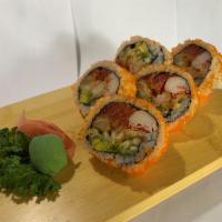 Volcano Roll · Shrimp tempura, Crab meat, avocado, Spicy Tuna, Masago with Spicy Mayonnaise, eel sauce