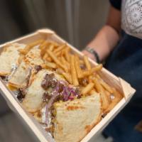 “Skepasti”Greek Club Sandwich · Choice of pork or chicken gyro, tomato, red onions, melted American or cheddar cheese, homem...