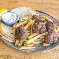 Keftedakia Platter · Five homemade greek meatballs. Served with pita bread, homemade tzatziki sauce, a choice of ...