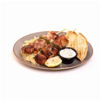 Souvlaki Kotobacon Platter · Two bacon wrapped chicken souvlaki. Served with a choice of one side, and a soup or salad.