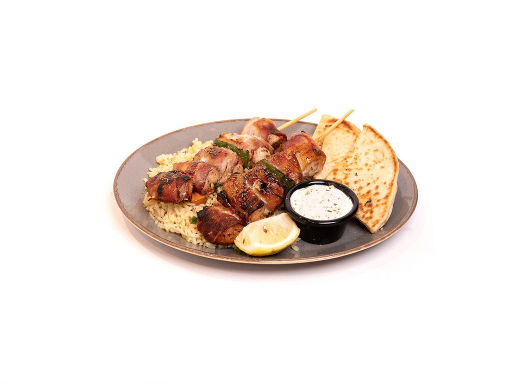 Souvlaki Kotobacon Platter · Two bacon wrapped chicken souvlaki. Served with a choice of one side, and a soup or salad.