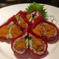 Sweet Heart Roll · 10 pieces. Spicy tuna, avocado and tuna on the top.